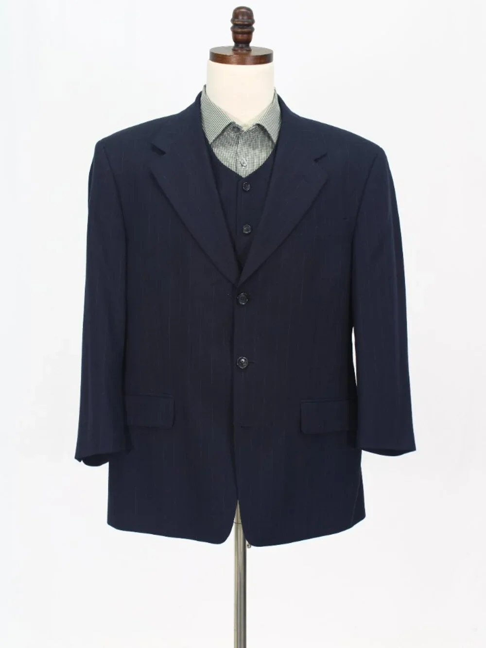 Giancarlo Pelle 42S 35x26 Navy 3-Piece Full Suit 3-Button Stripe R956
